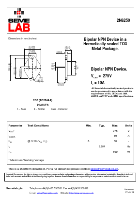 2N6250 image